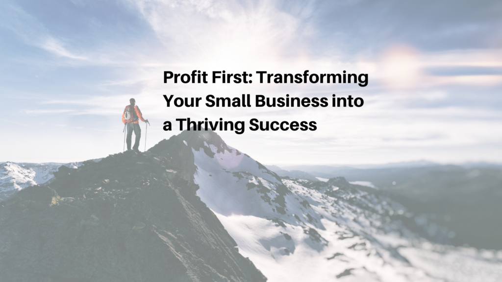 Person climbing to summit of mountain; text reads: Profit First: Transofrming your small business into a thriving success