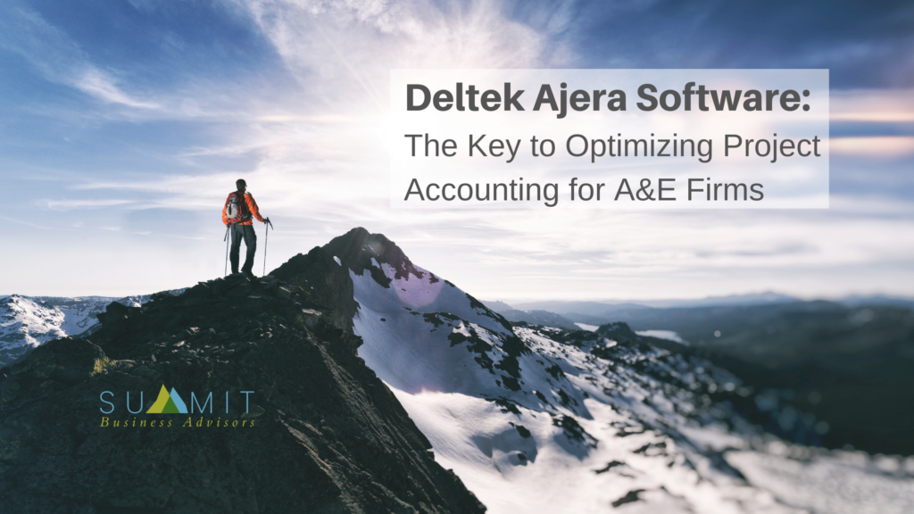 Man climbing to summit of mountain, title in background "Deltek Ajera Software"